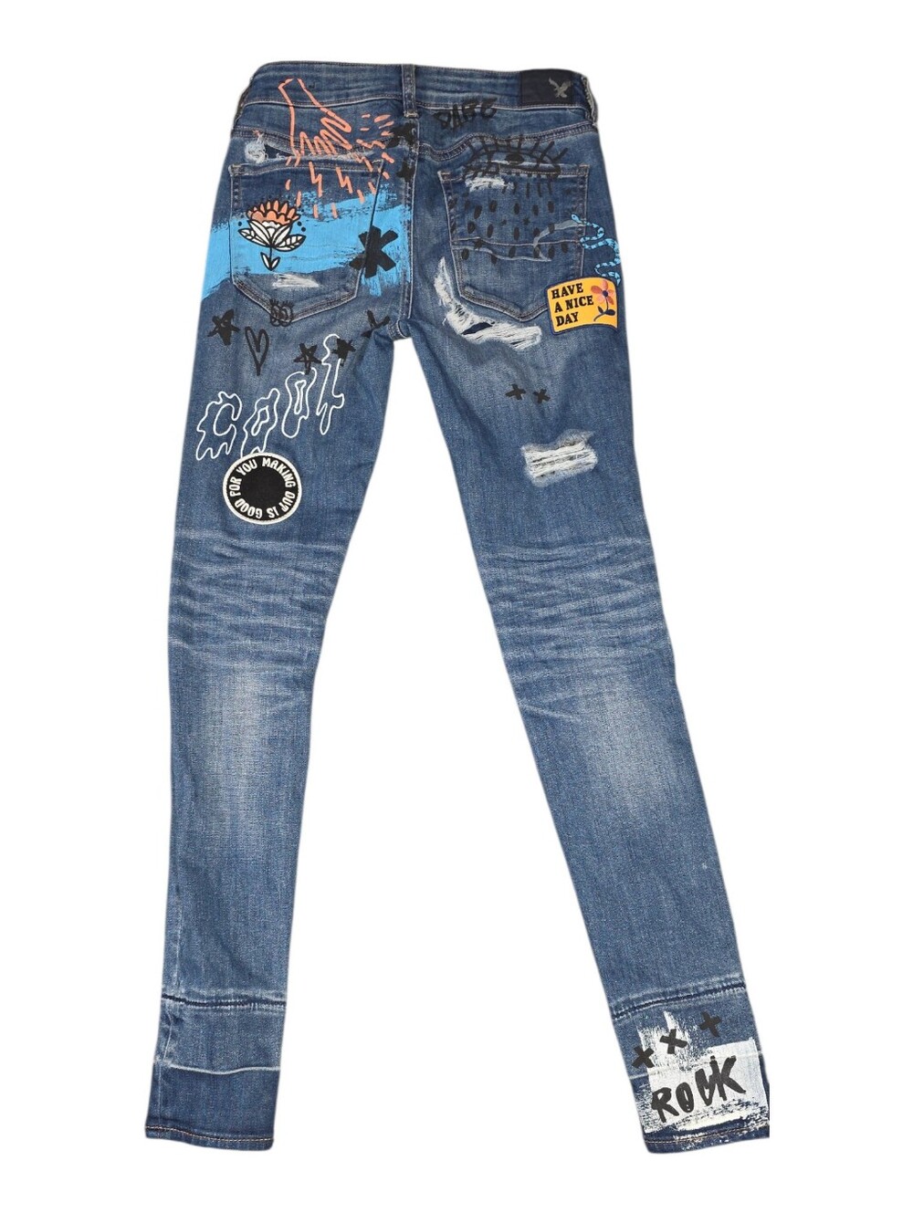 American Eagle Punk Graffiti Distressed Skinny Jeans Streetwear Art Size 2 - Picture 3 of 3